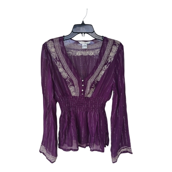 WD.NY Tops - WD.NY 100% Silk Blouse Size 14 Purple Whilte Embroidered Flare Long Sleeves Y2k